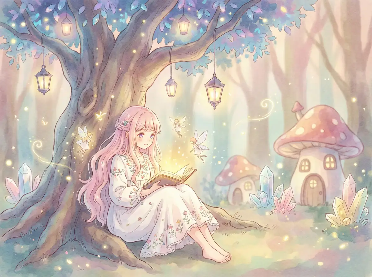 艋胛下载 - 魔法森林中阅读故事书的粉发少女与精灵
